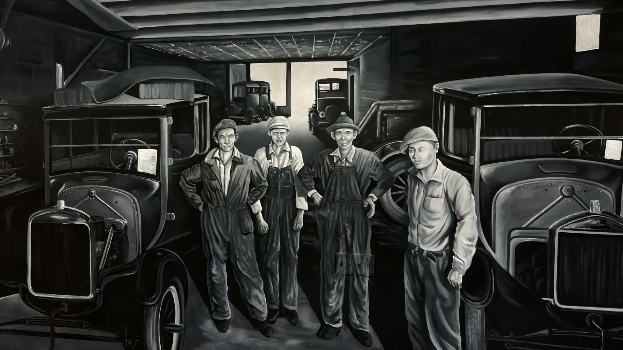 Mural at Kerlin Motor Company depicting Russel Kerlin assembling a 1926 Ford Model T