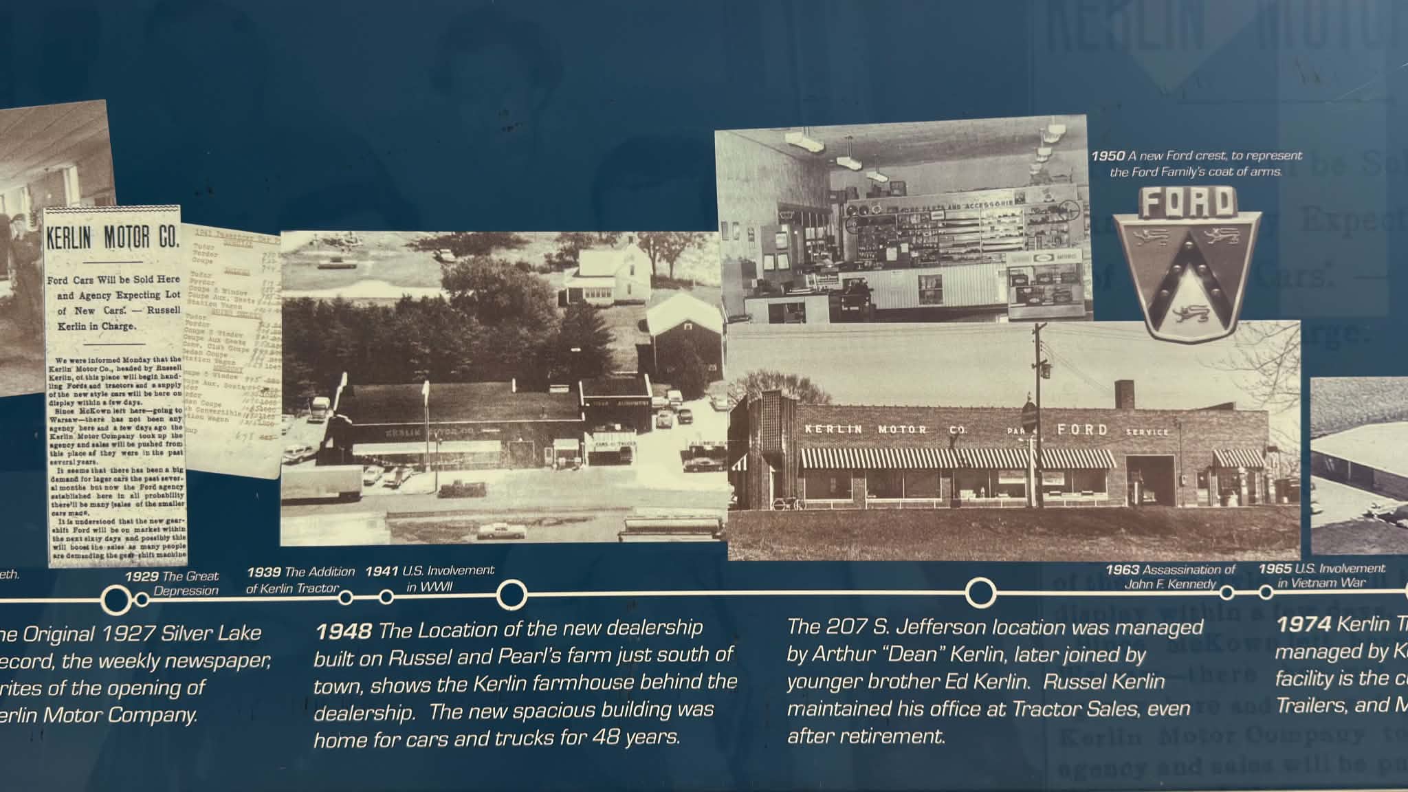 Kerlin Motor Company historical timeline featuring the 1927 opening newspaper announcement, 1939 Kerlin Tractor expansion, and 1948 dealership at 207 S. Jefferson Street