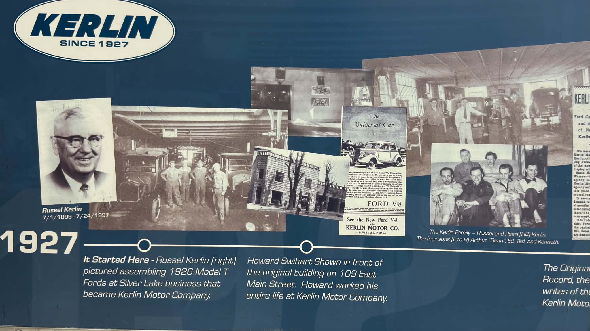 Russel Kerlin, the four sons of Russel and Pearl Kerlin, the original Kerlin Motor Company building, and life long employee Howard Swihart