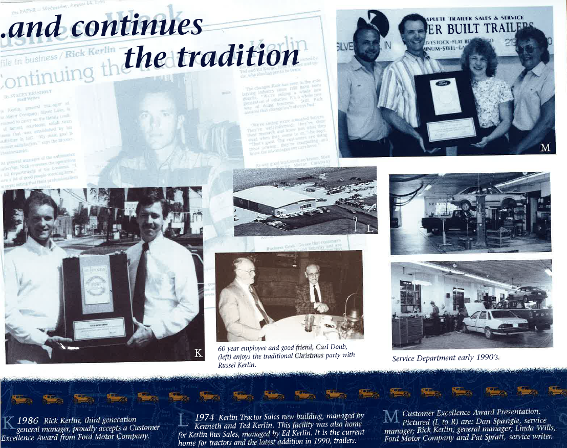 Kerlin Motor Company historical photographs showing Rick Kerlin receiving a Ford Customer Excellence Award, Kerlin Tractor expansion, longtime employee Carl Doub, and the service department