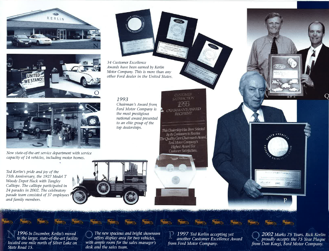 Kerlin Motor Company history from 1993 to 2002, including the new State Road 15 dealership, Ford awards, and 75th anniversary celebration