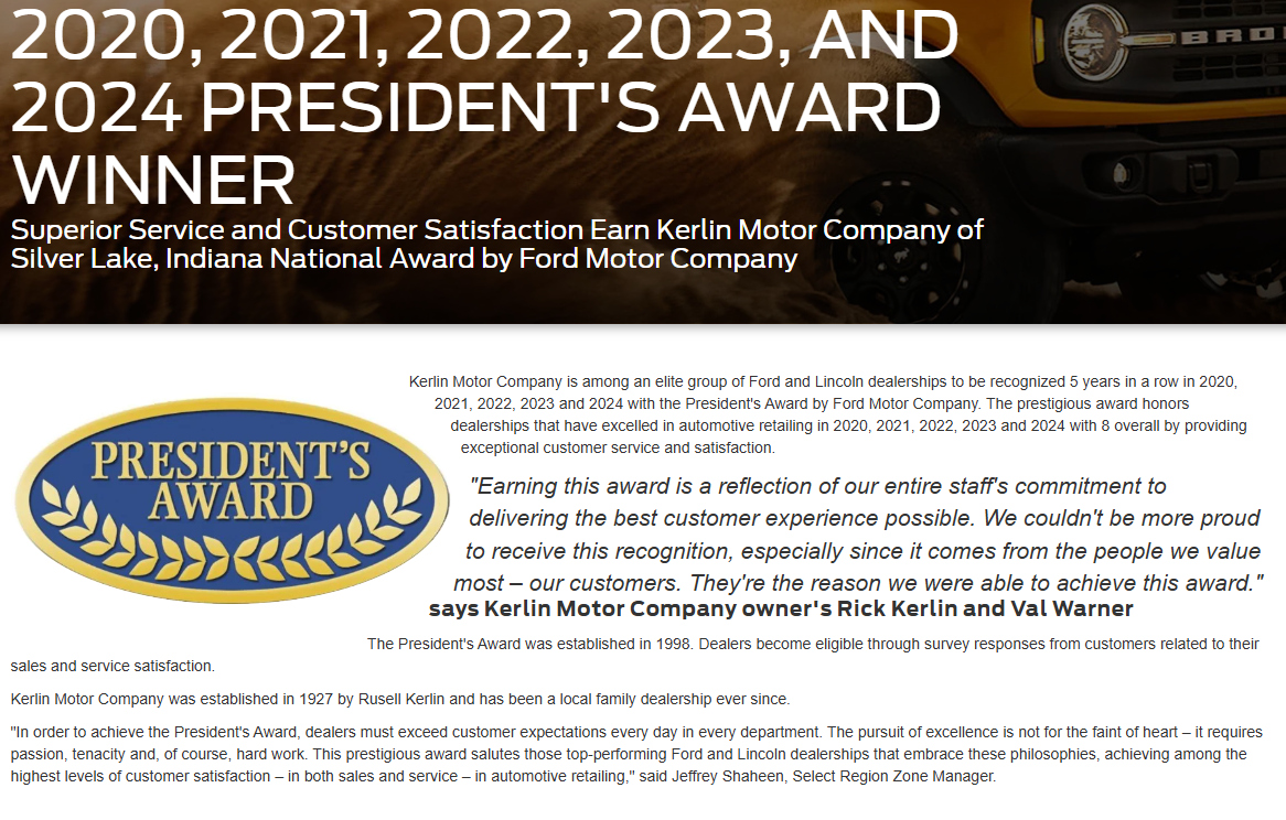 Kerlin Motor Company five consecutive Ford President's Awards from 2020 through 2024