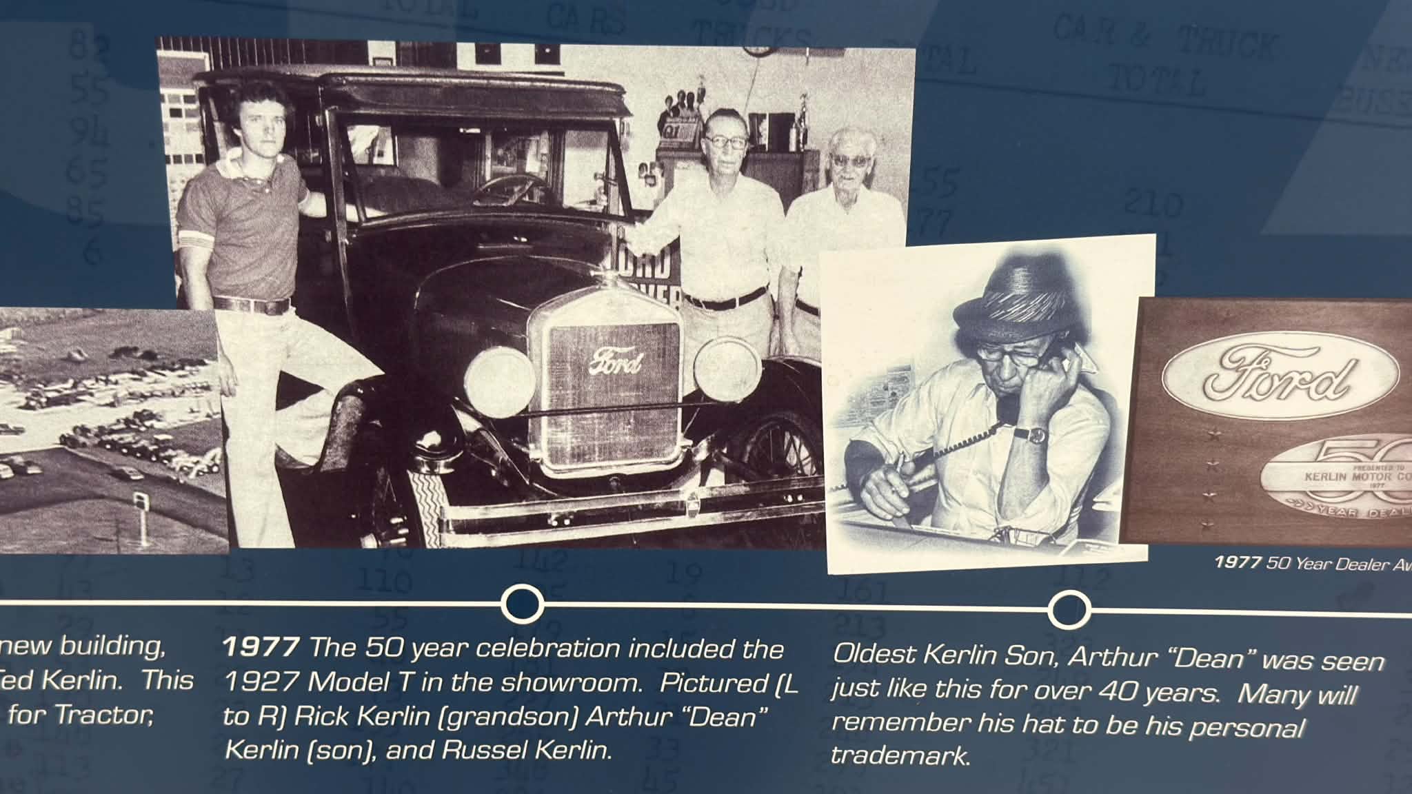 Rick Kerlin, Arthur Dean Kerlin, and Russel Kerlin celebrating the dealership's 50th anniversary in 1977, alongside a photograph of Dean wearing his trademark hat